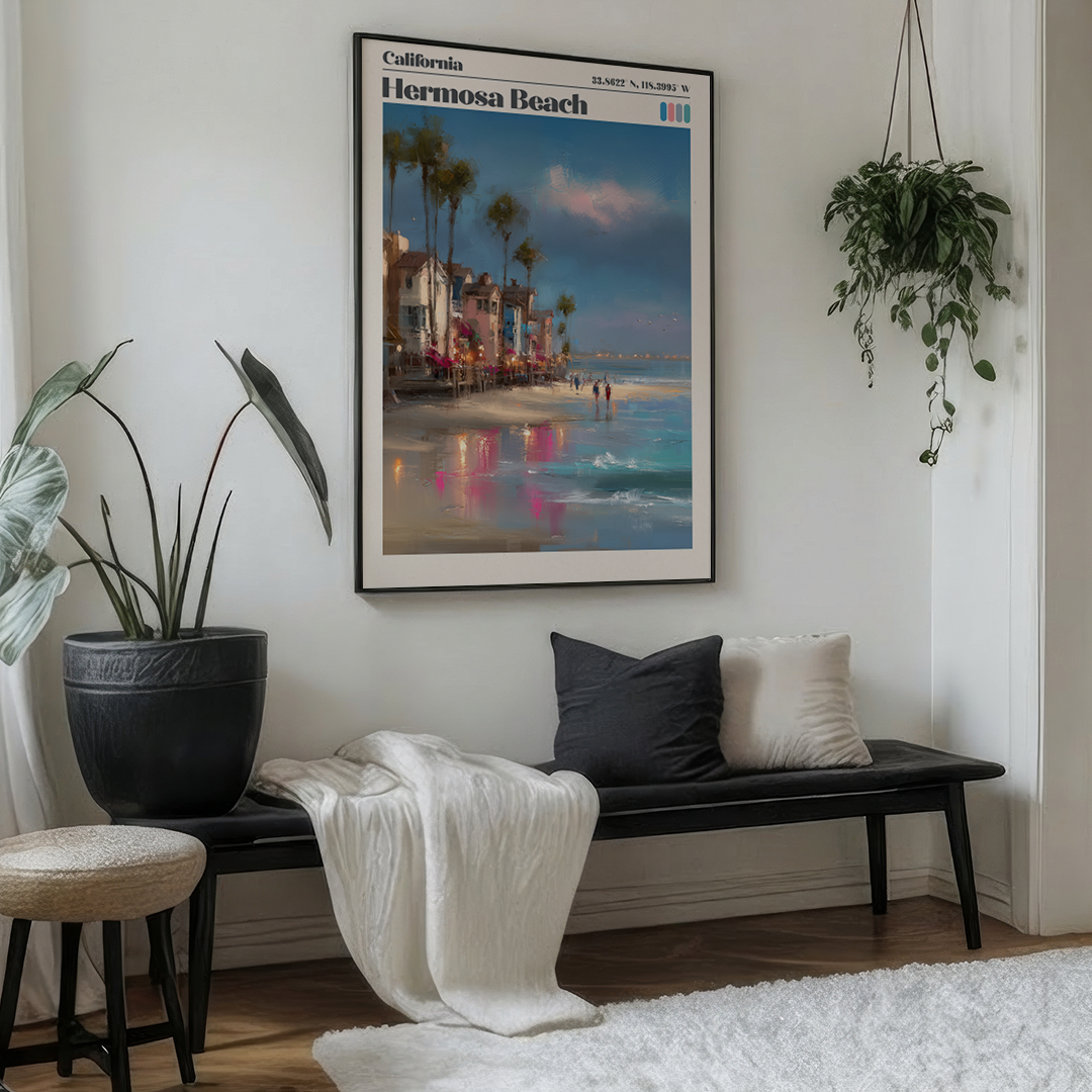 Living room with a bench, plants, and a framed poster of Hermosa Beach.