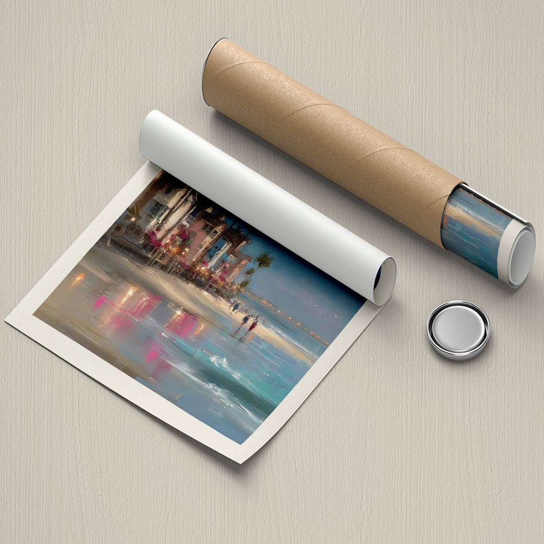 Roll of paper with a beach scene print and a cylindrical object on a textured surface