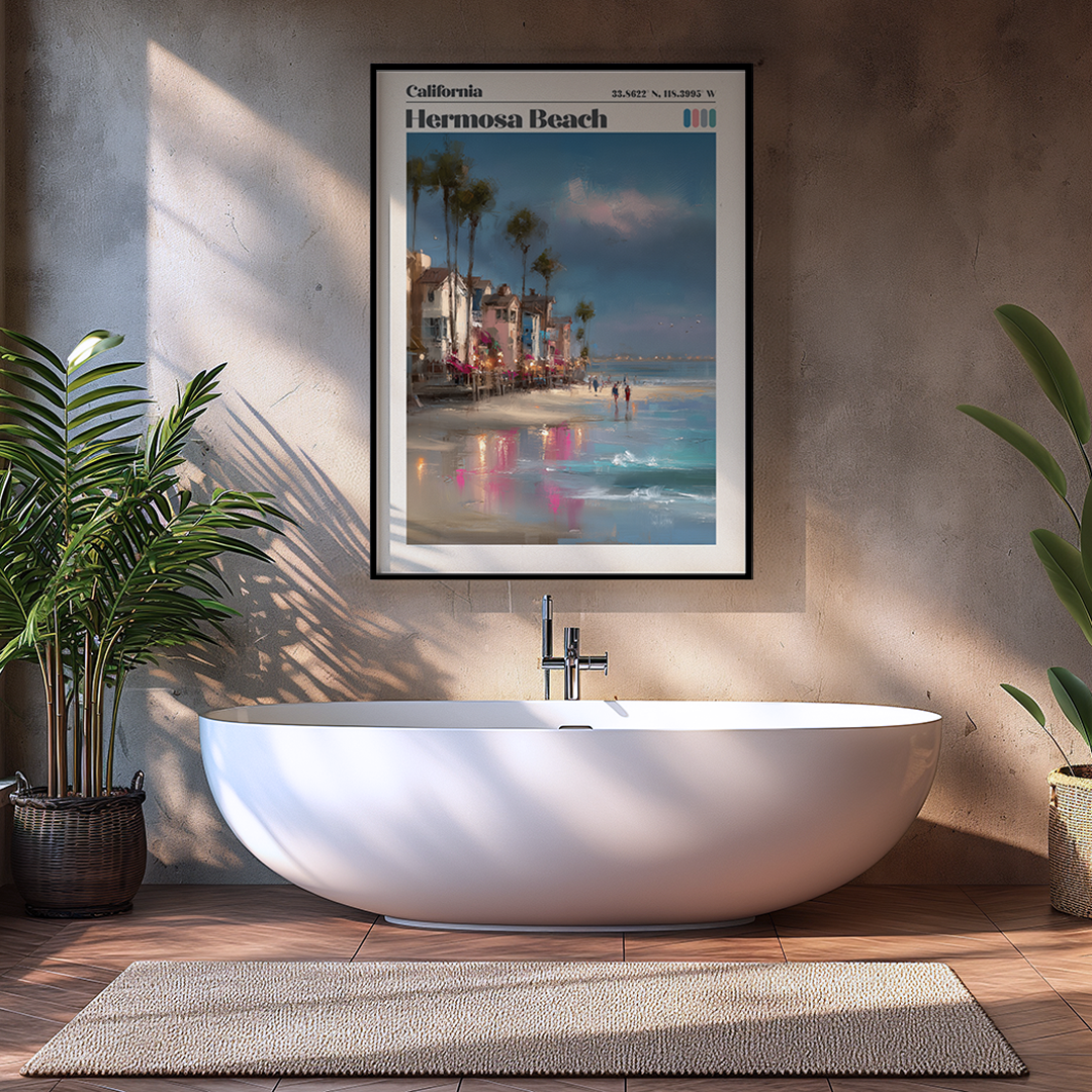 Modern bathroom with a freestanding bathtub, framed beach scene on the wall, and plants.