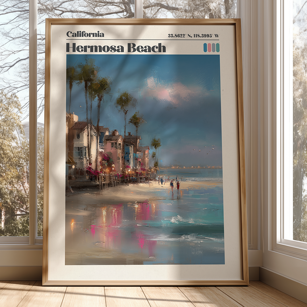 Framed artwork of Hermosa Beach, California, with a beach scene and palm trees.