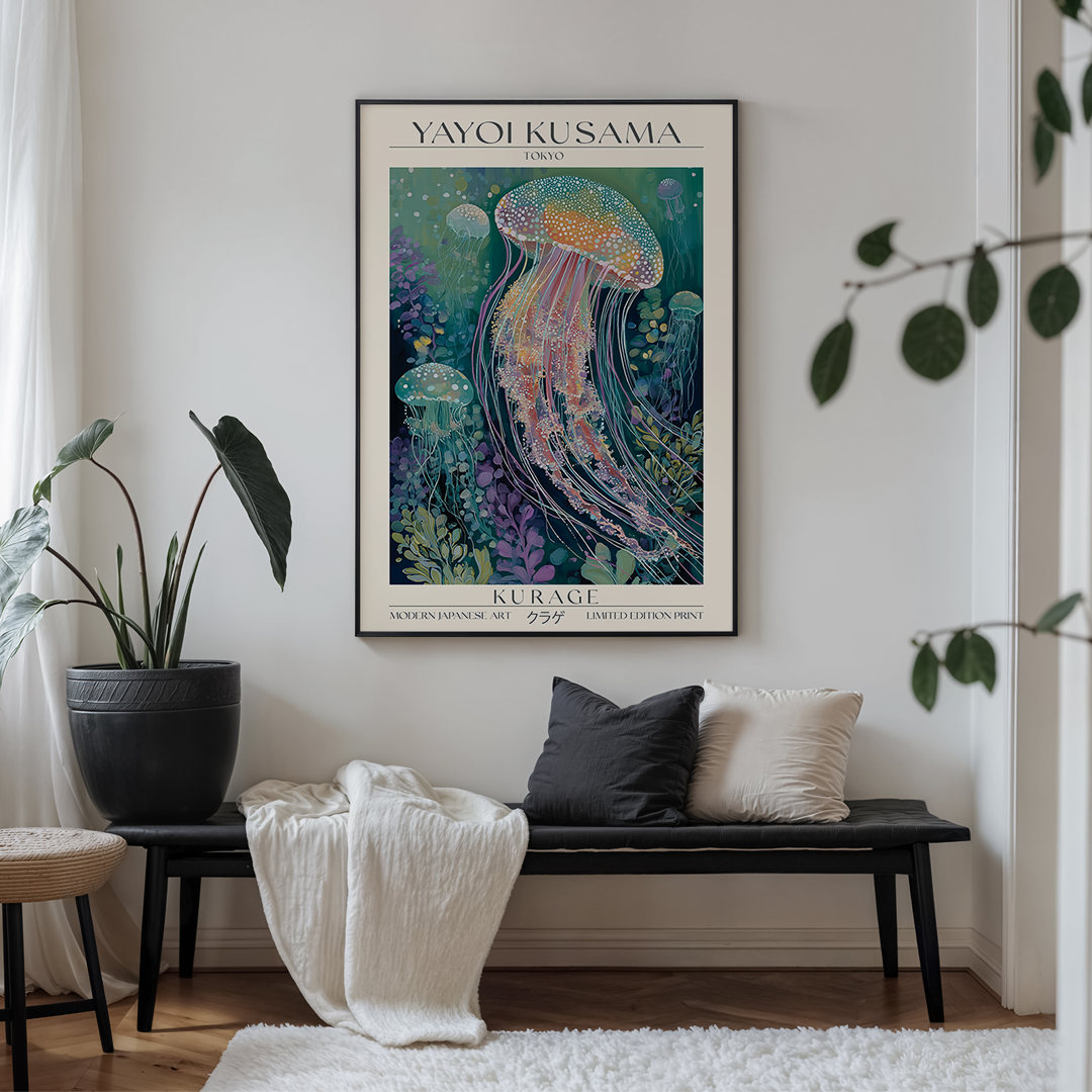 Framed Yayoi Kusama artwork of a jellyfish in a living room setting with a bench and plants.