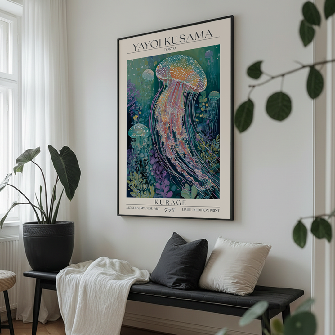 Living room with a colorful Yayoi Kusama jellyfish artwork on the wall, a bench with pillows, and plants.