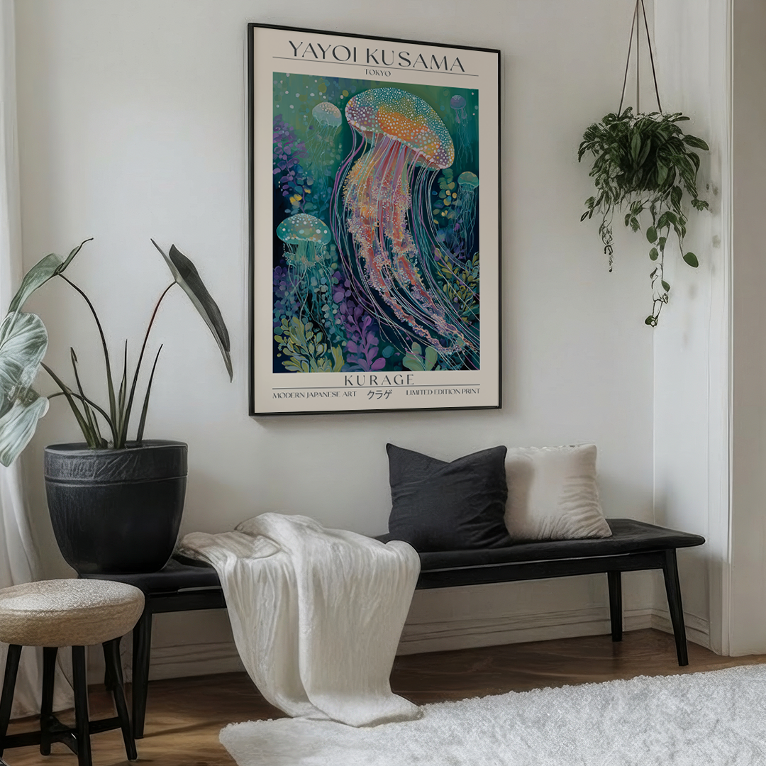 Living room with a bench, cushions, and a colorful abstract art print on the wall.