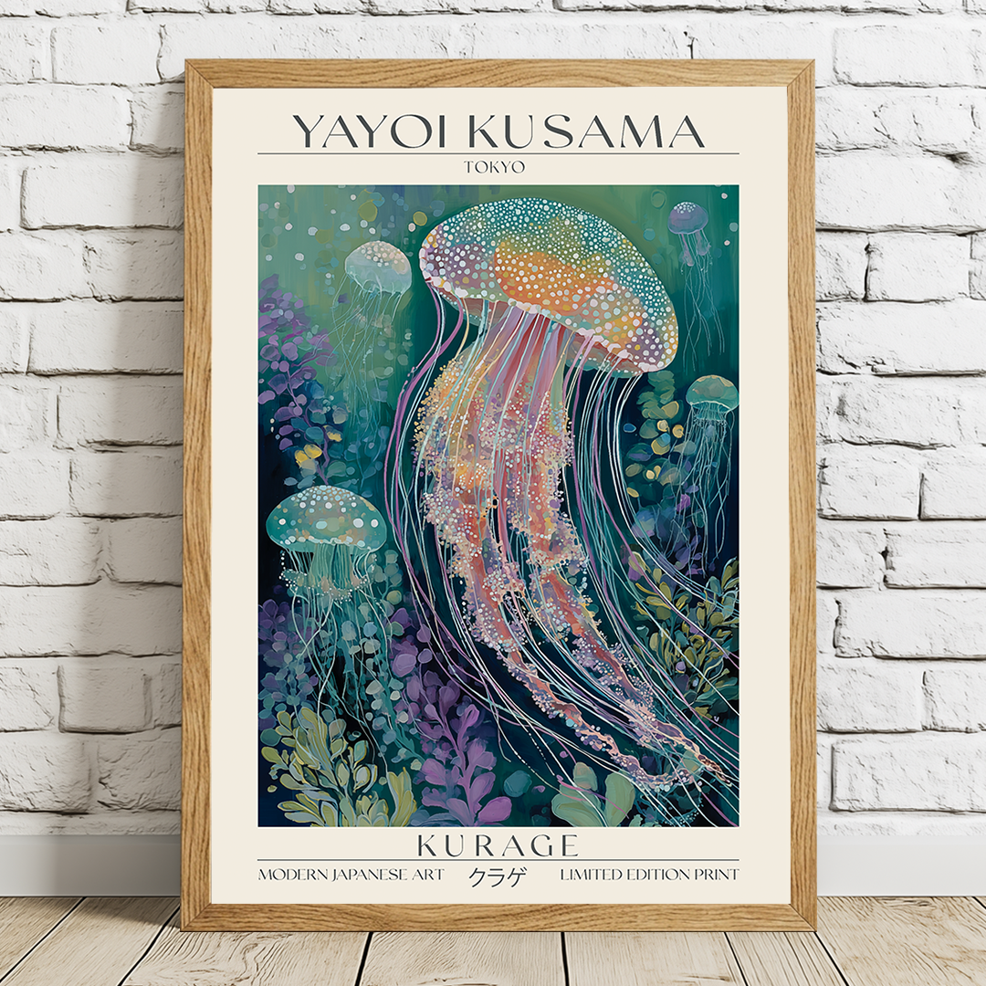 Framed Yayoi Kusama art print of jellyfish against a white brick wall.