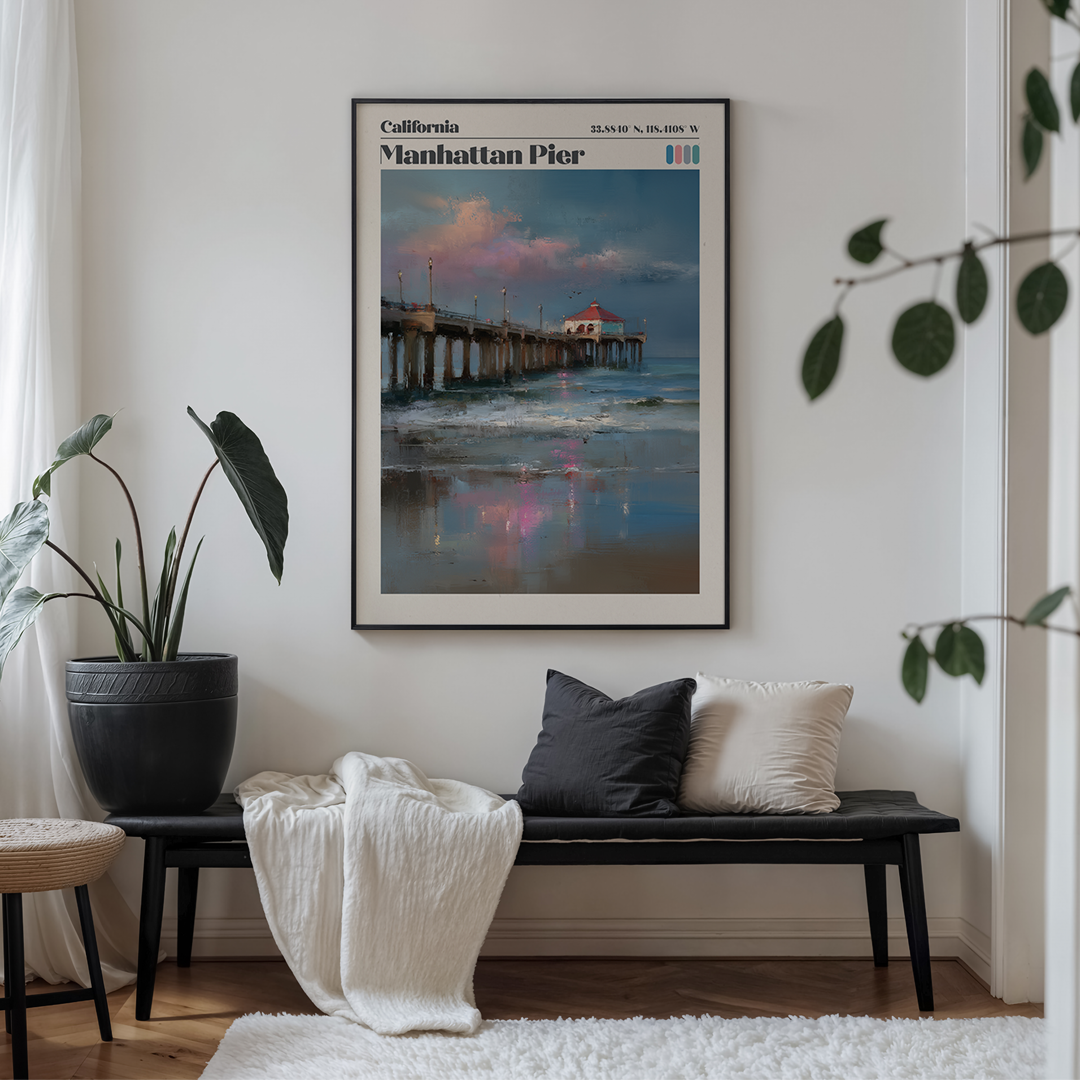 Living room with a bench, plant, and framed poster of Manhattan Pier.
