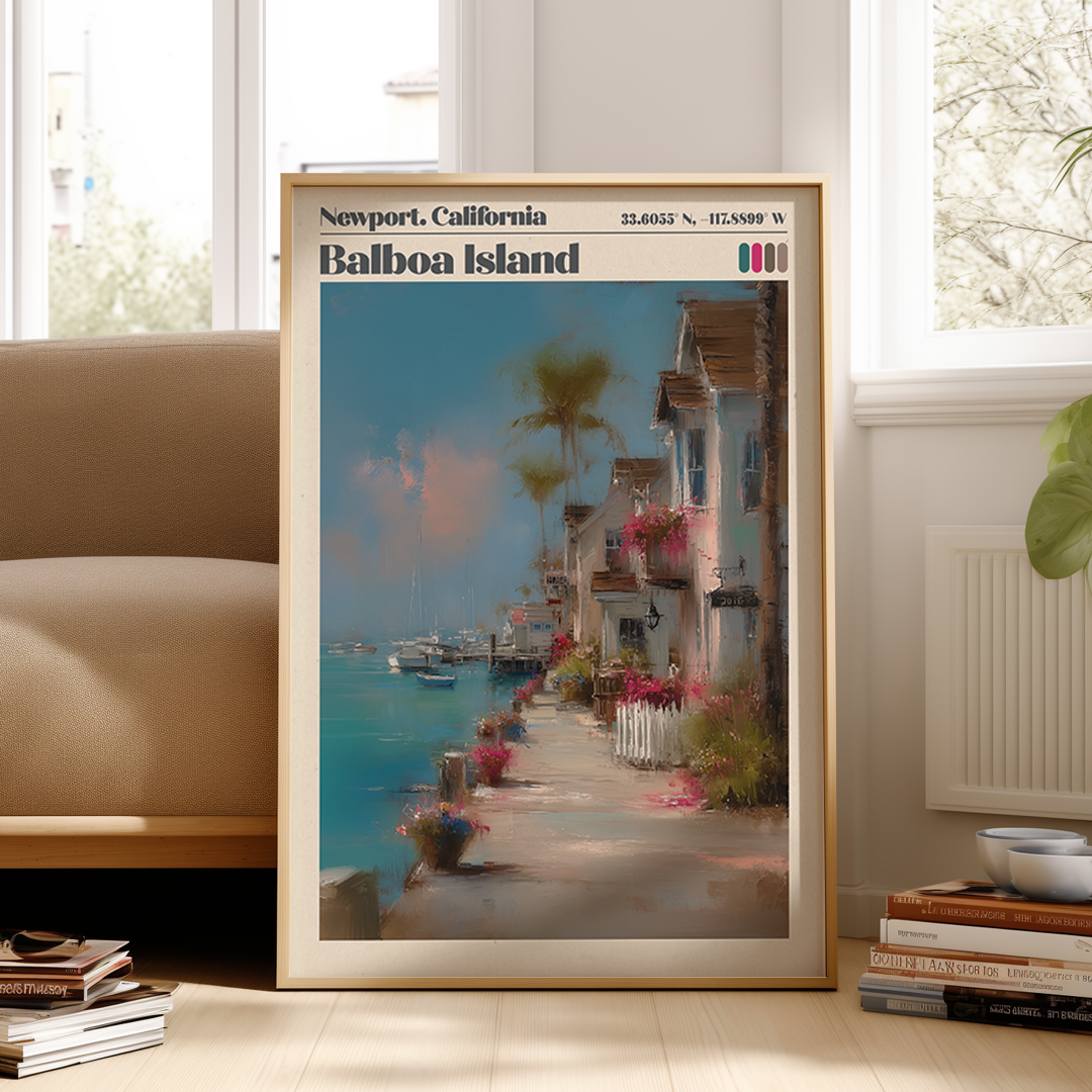 Framed artwork of Balboa Island, Newport, California in a living room setting.