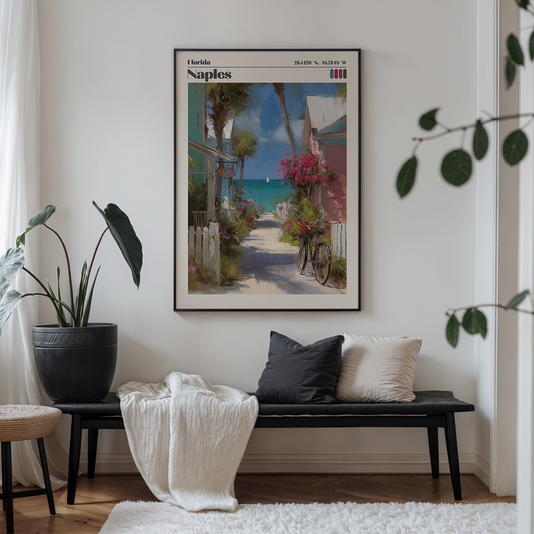 Naples Florida pastel travel print with palm trees & Gulf Coast light. Premium coastal décor for US homes. Museum‑quality archival print. 