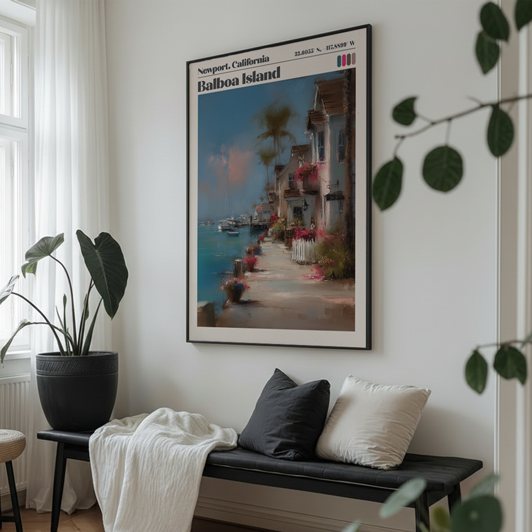Living room with a framed poster of Balboa Island, Newport, California on the wall.