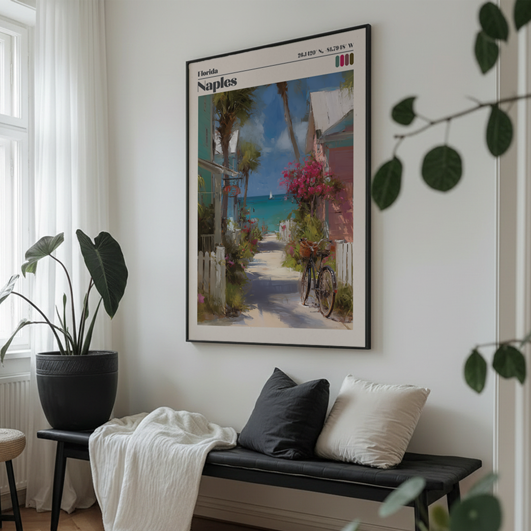 Naples Florida pastel travel print with palm trees & Gulf Coast light. Premium coastal décor for US homes. Museum‑quality archival print. 