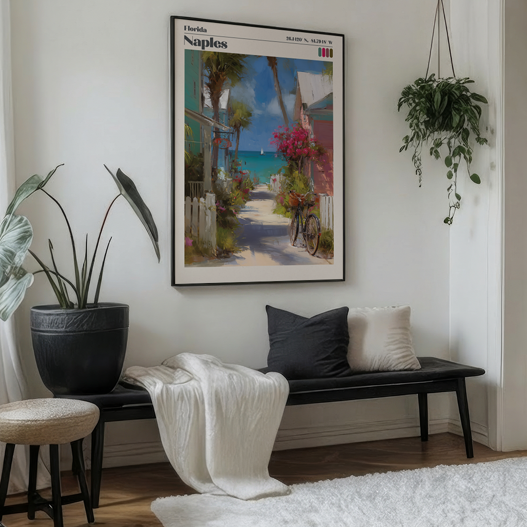 Naples Florida pastel travel print with palm trees & Gulf Coast light. Premium coastal décor for US homes. Museum‑quality archival print. 