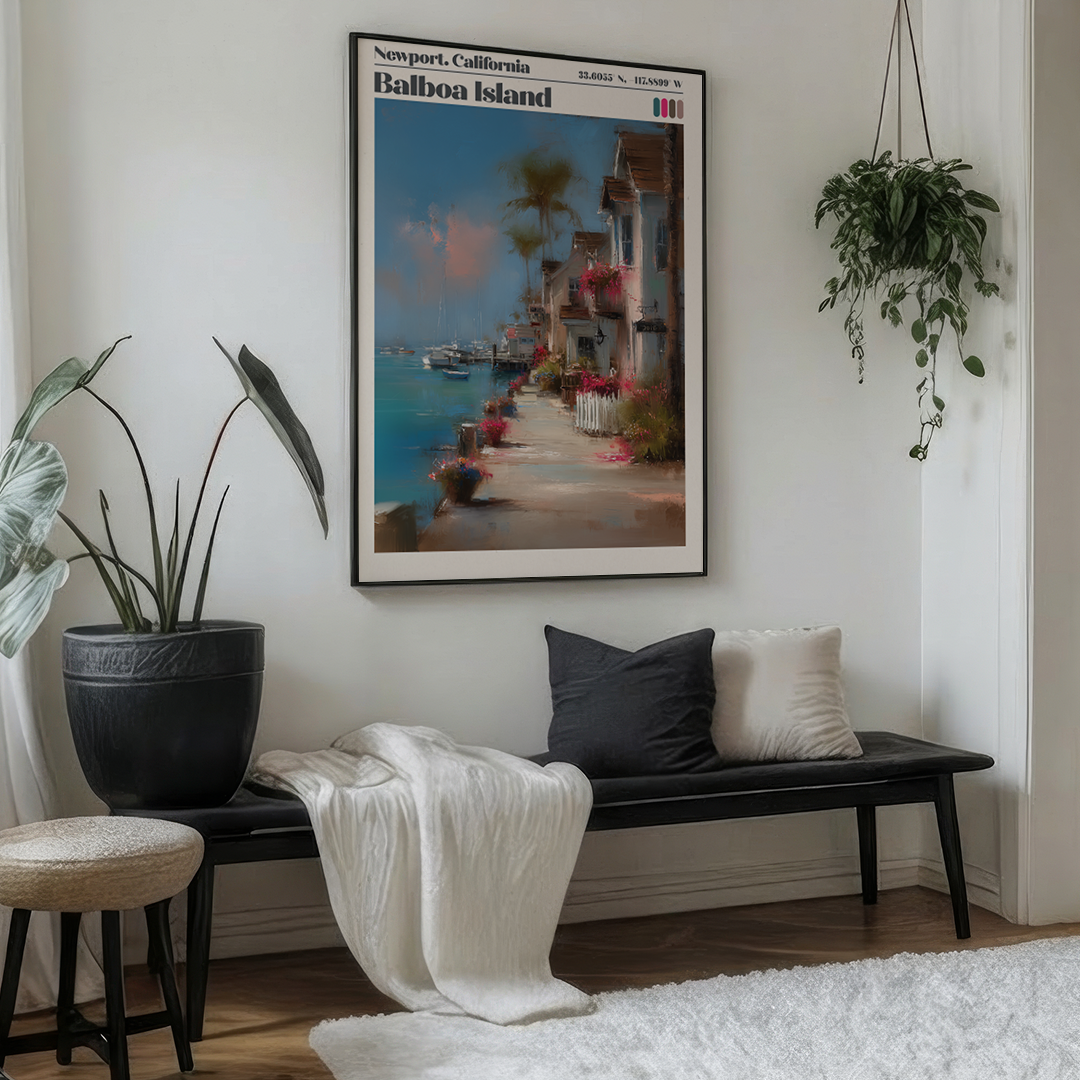 Living room with a bench, cushions, and a framed poster of Balboa Island.