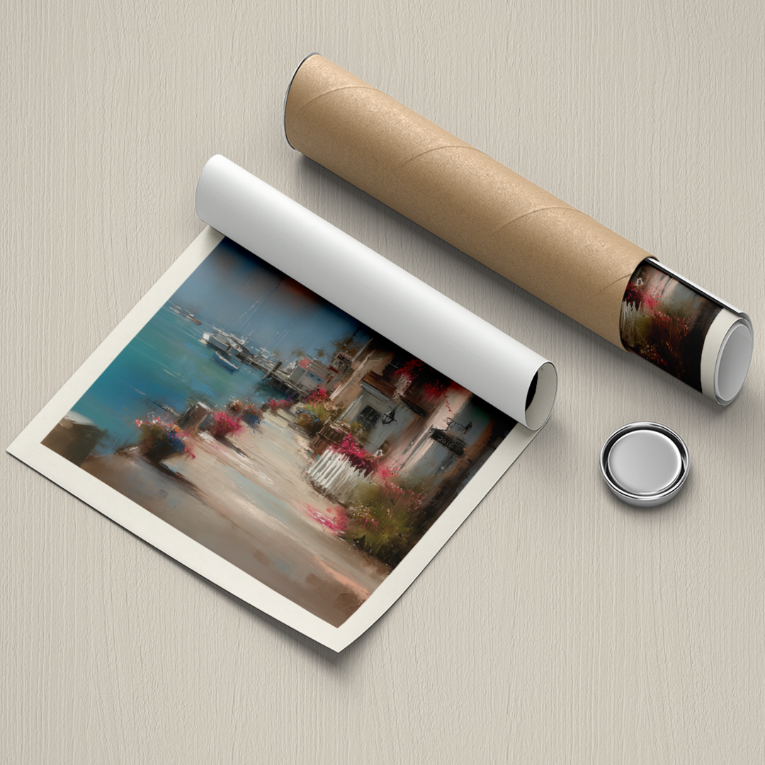 Rolled-up poster with a scenic print on a textured surface