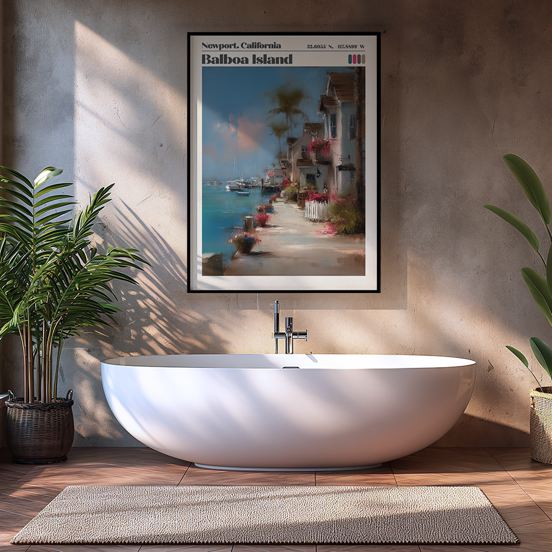 Modern bathroom with a freestanding bathtub, framed artwork, and plants.