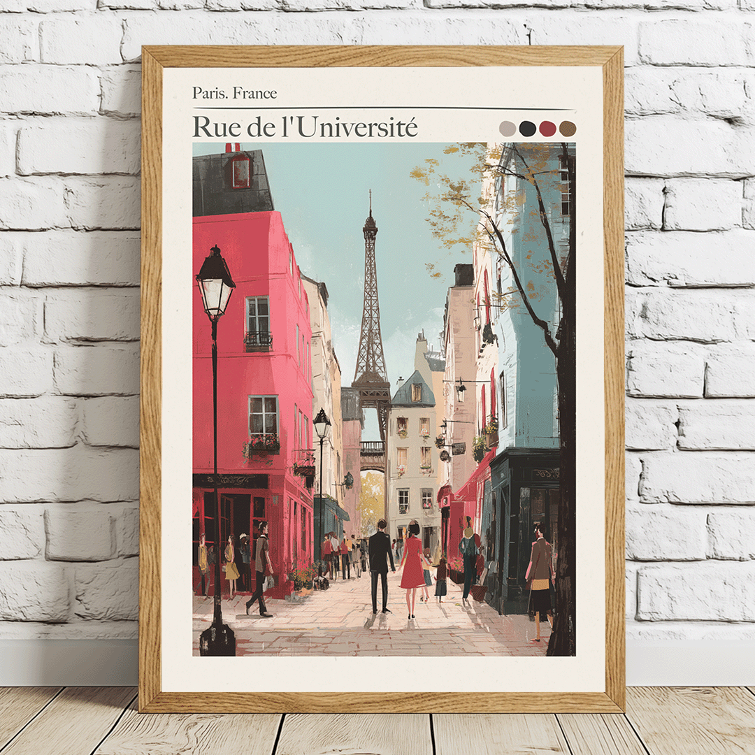 Framed artwork of a Paris street scene with the Eiffel Tower, displayed on a white brick wall.