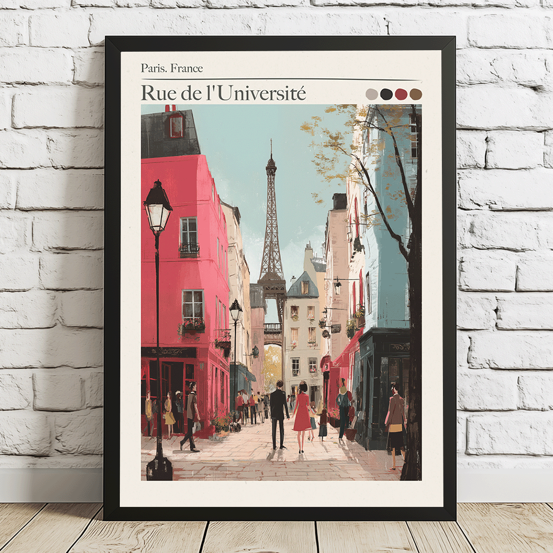 Framed artwork of Rue de l'Université in Paris with the Eiffel Tower in the background.