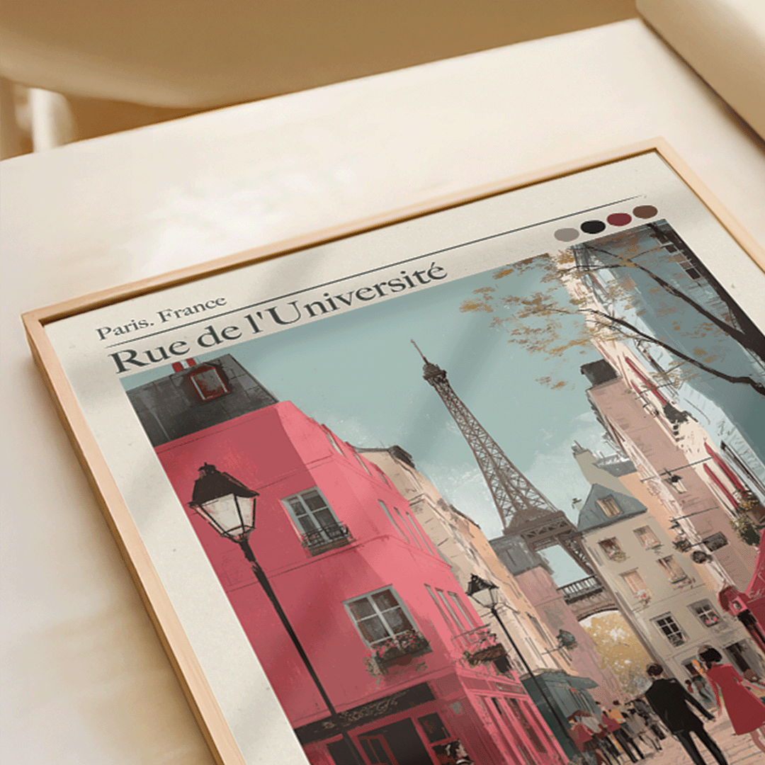 Framed artwork of a Parisian street scene with the Eiffel Tower.