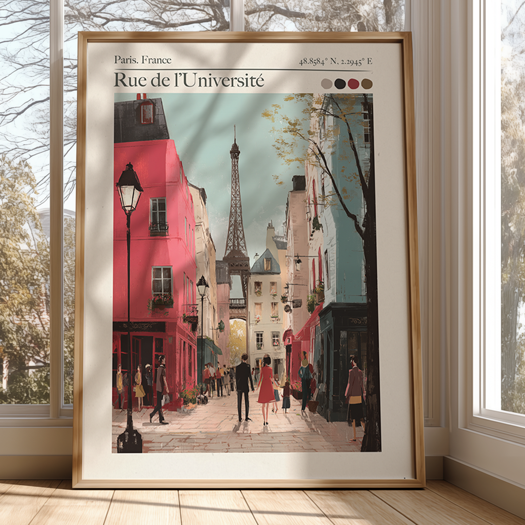 Framed artwork of a Parisian street scene with the Eiffel Tower in the background.