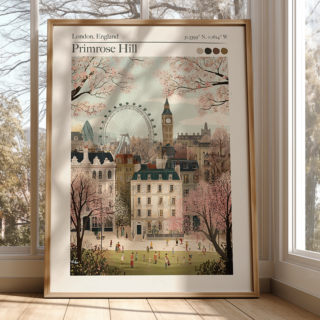 Primrose Hill, London Retro Travel Poster – Archival Print with Map Coordinates