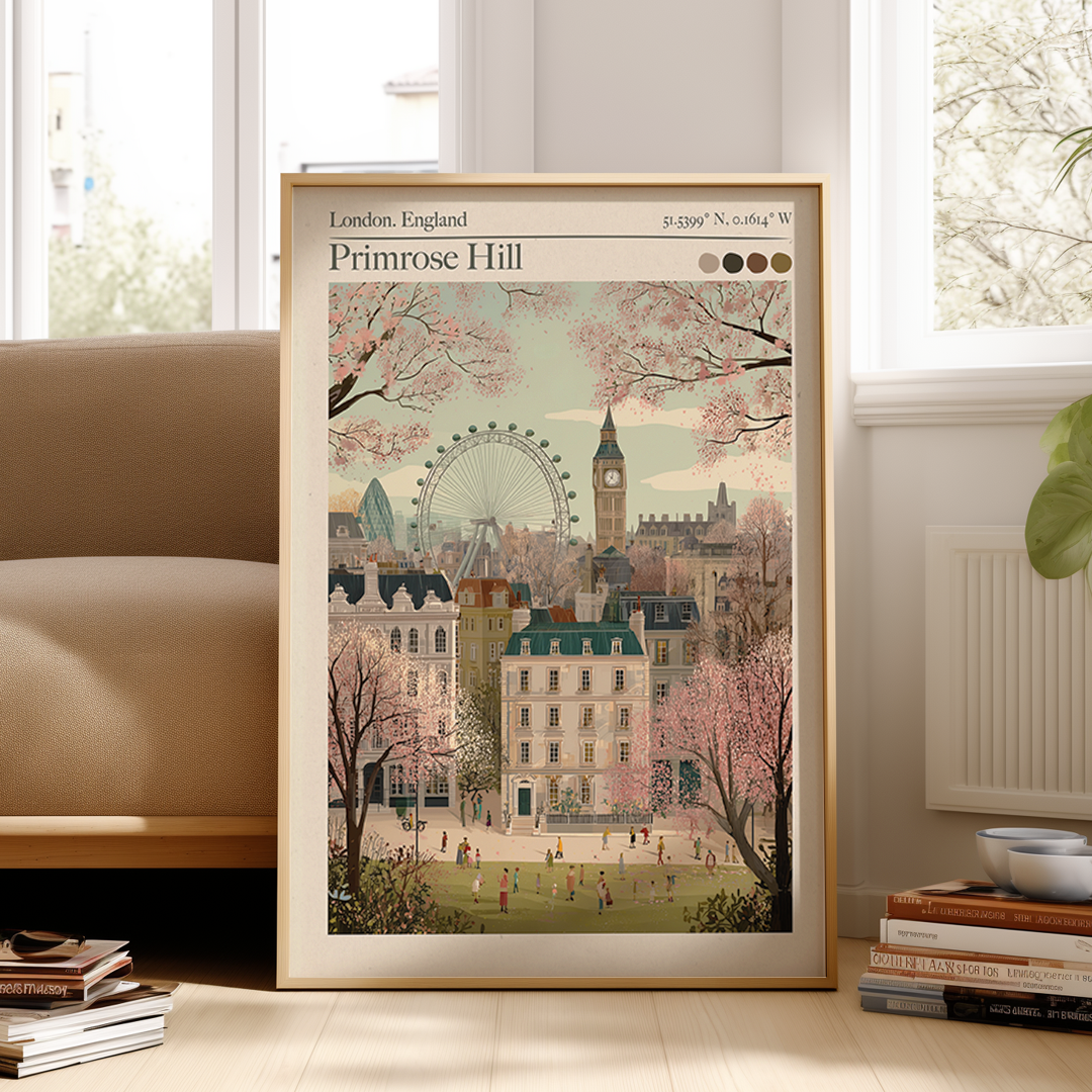 Primrose Hill, London Retro Travel Poster – Archival Print with Map Coordinates