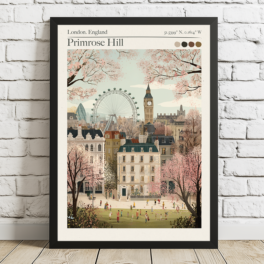 Primrose Hill, London Retro Travel Poster – Archival Print with Map Coordinates