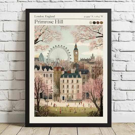 Primrose Hill, London Retro Travel Poster – Archival Print with Map Coordinates
