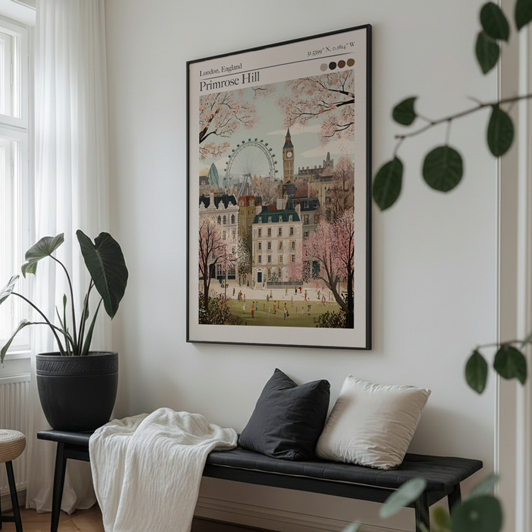 Primrose Hill, London Retro Travel Poster – Archival Print with Map Coordinates