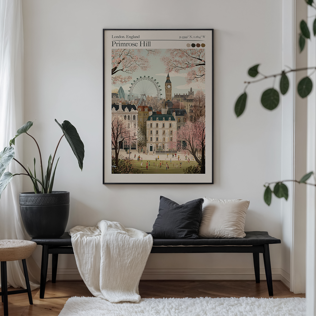 Primrose Hill, London Retro Travel Poster – Archival Print with Map Coordinates