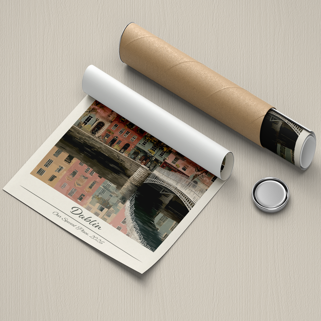 Roll of paper with a printed image of a cityscape on a textured surface