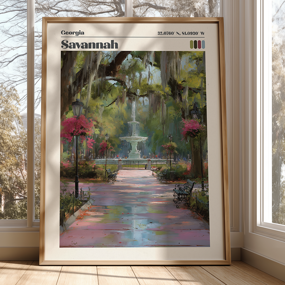 Framed artwork of a park scene with a fountain, trees, and flowers, titled 'Georgia Savannah'.
