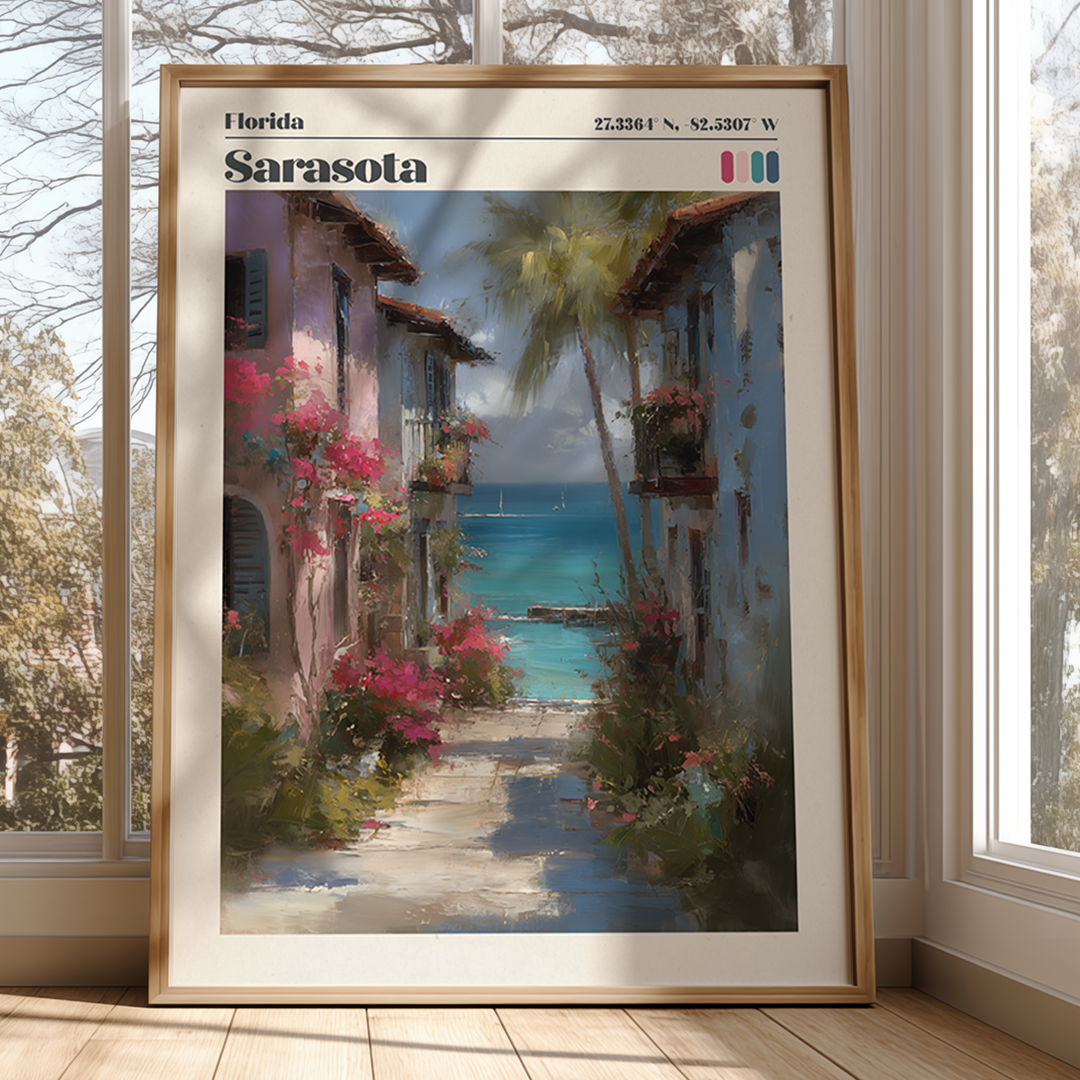 Framed artwork of a scenic view with buildings, flowers, and water, labeled 'Florida Sarasota'.