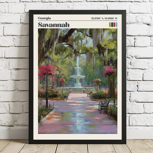 Framed artwork of a park scene with a fountain and walking path, labeled Savannah, Georgia.