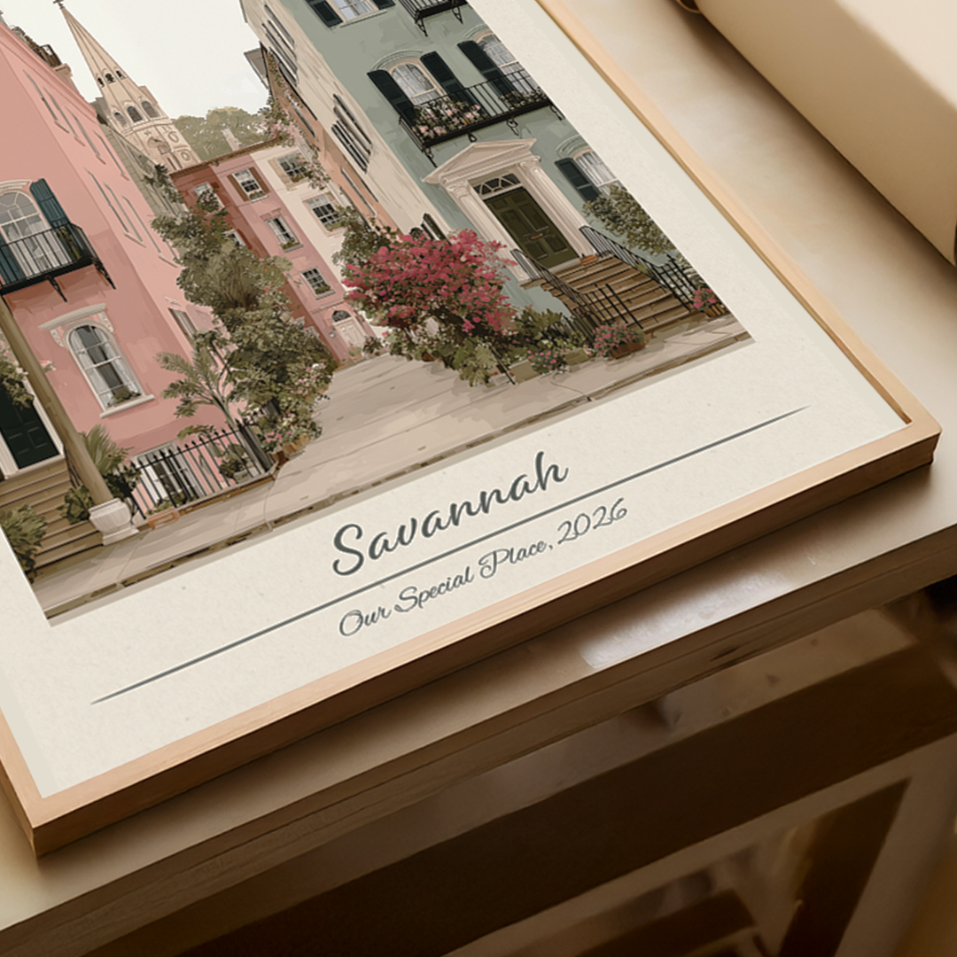 Framed print of a scenic view with 'Savannah' and 'Our Special Place, 2026' text.