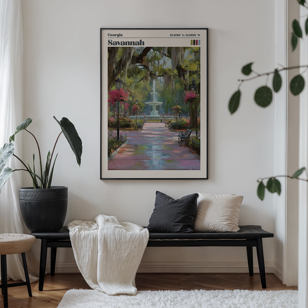 Framed artwork of a garden scene above a bench in a living room.