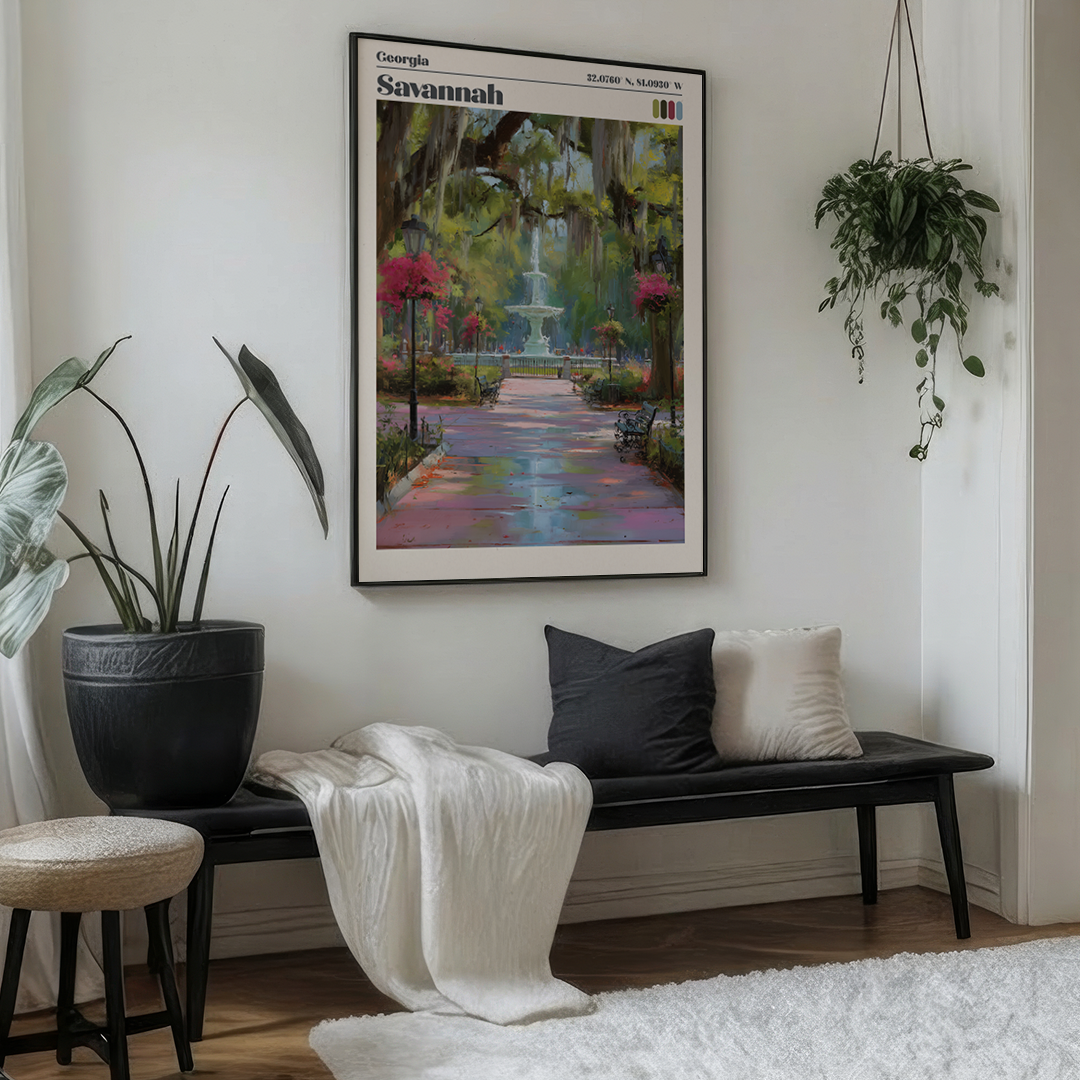 Living room with a bench, cushions, and a framed painting of a garden scene.