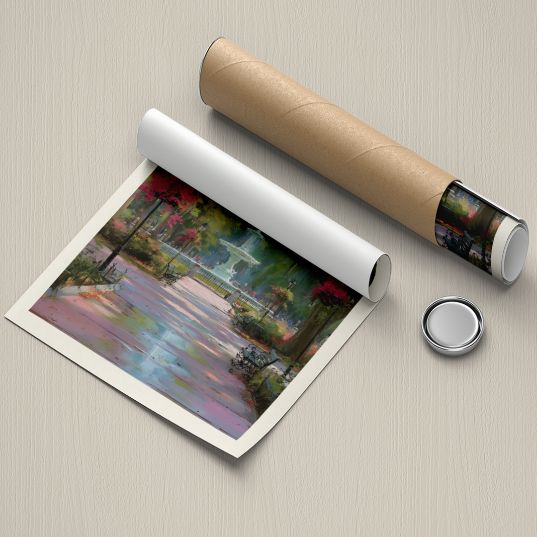 Roll of paper with a printed landscape scene on a textured surface