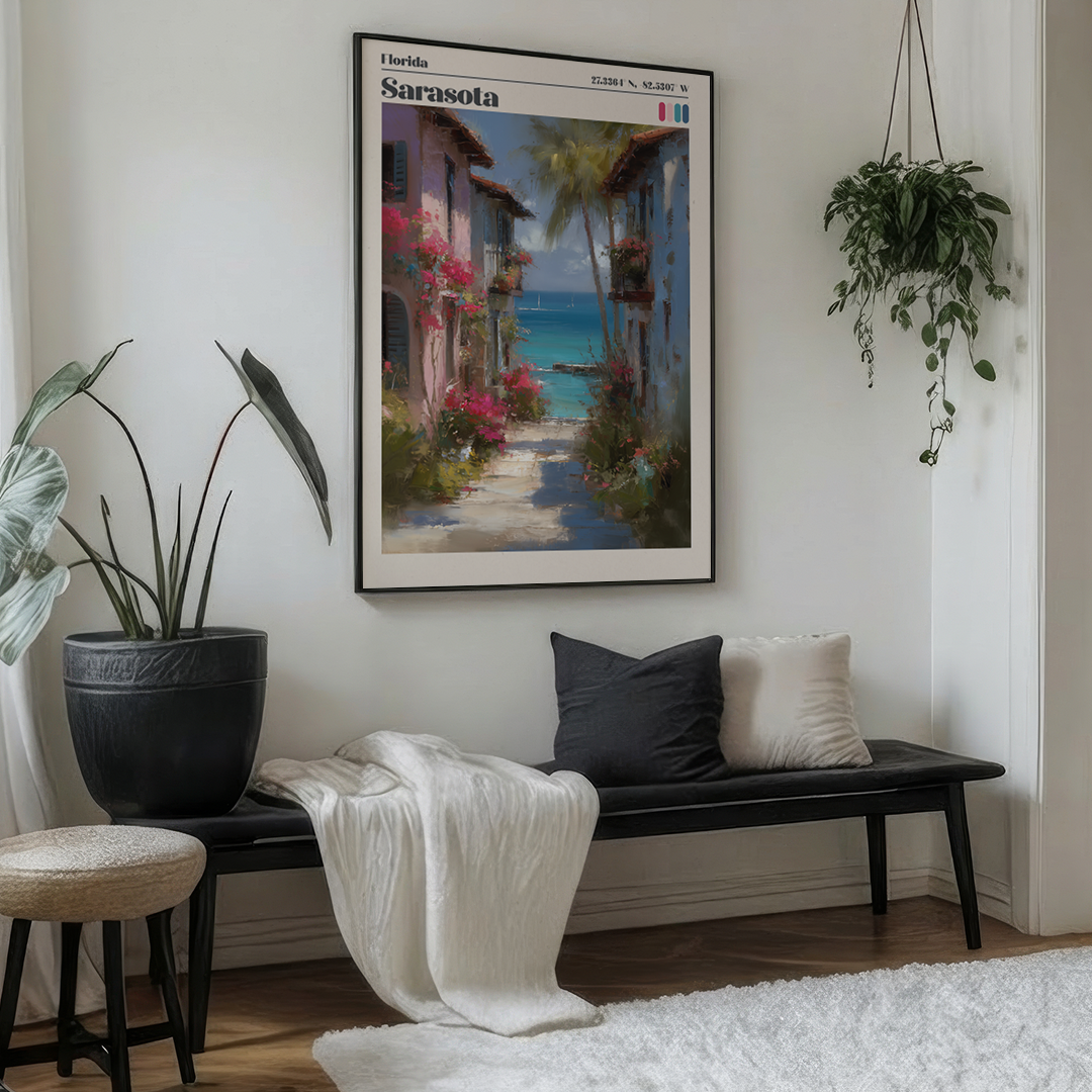 Living room with a bench, cushions, and a framed painting of Sarasota.
