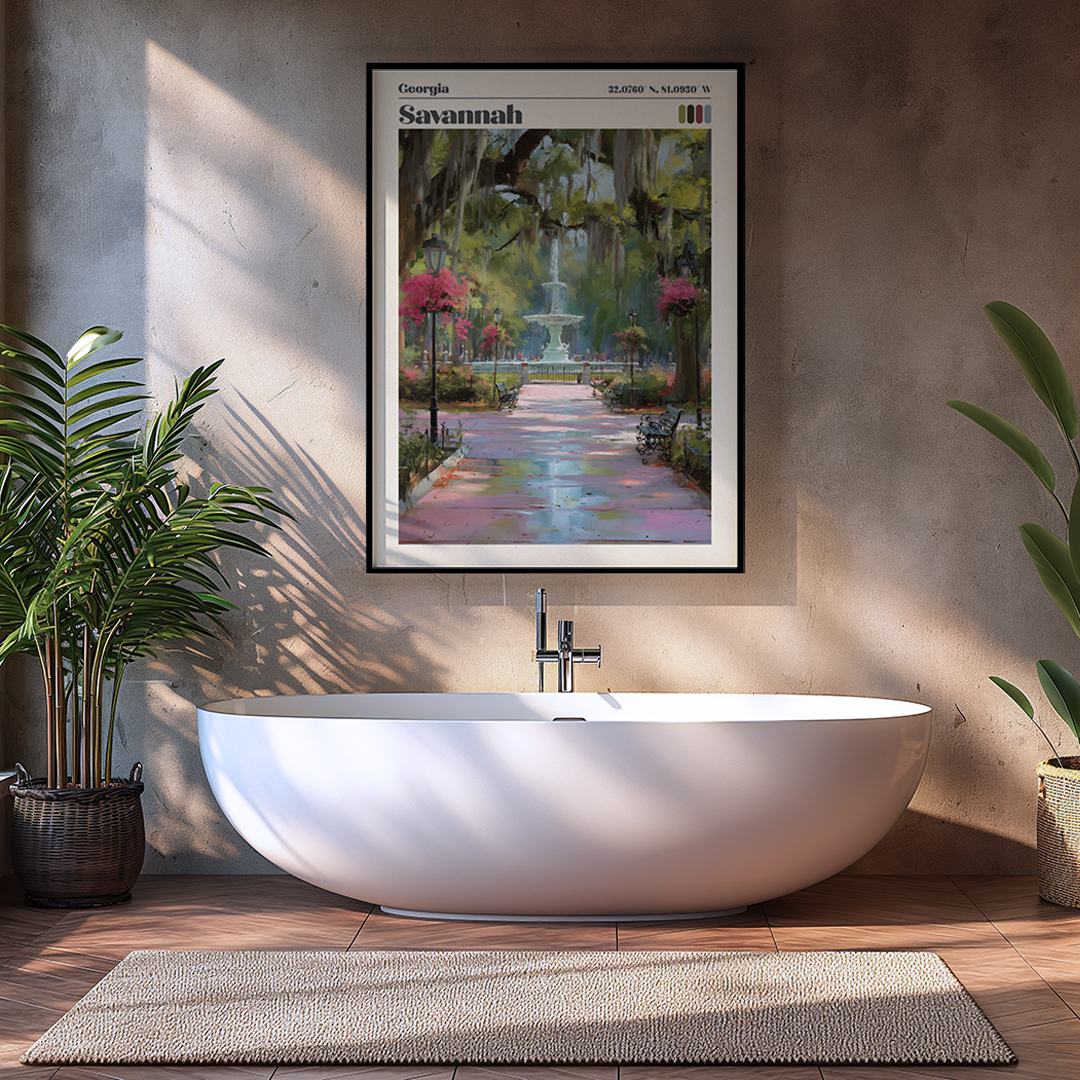 Bathroom with a white freestanding bathtub, framed artwork on the wall, and plants.