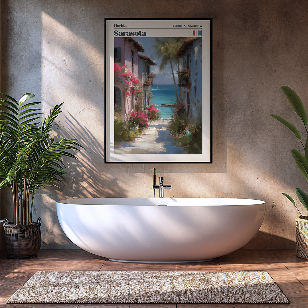 Modern bathroom with a freestanding bathtub, framed artwork, and plants.