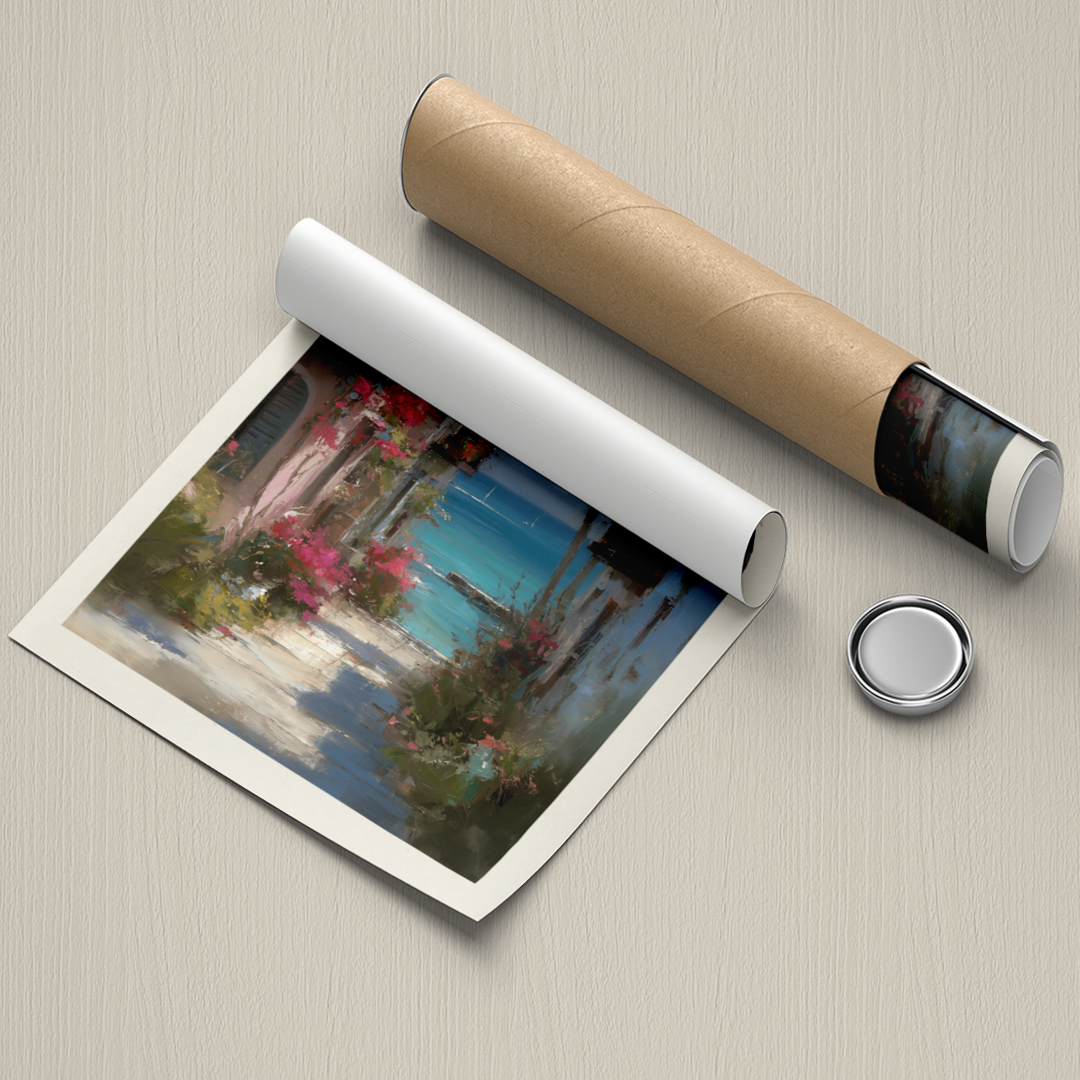 Roll of paper with a printed landscape scene on a textured surface