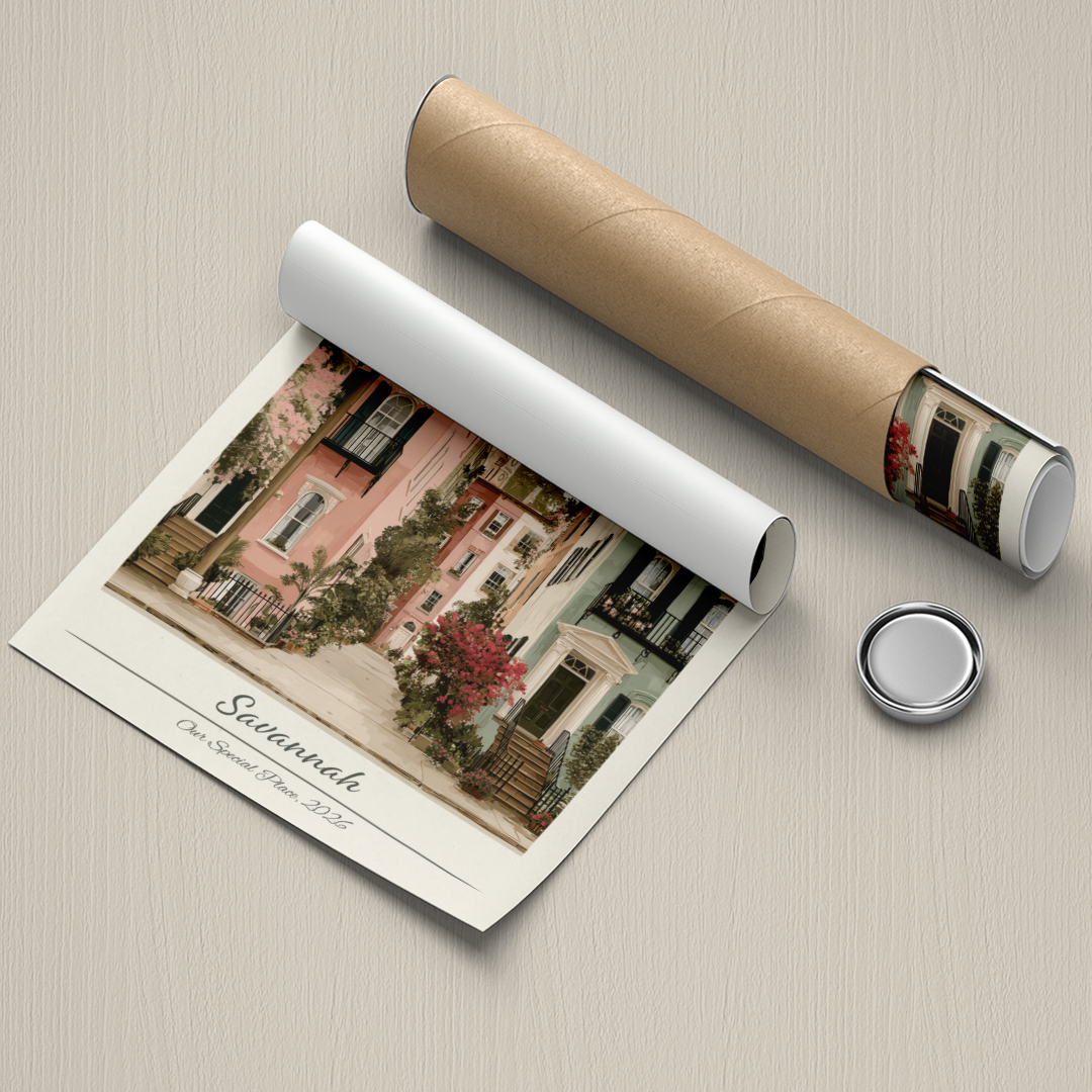 Roll of paper with a printed design of a house and a cylindrical object on a textured surface