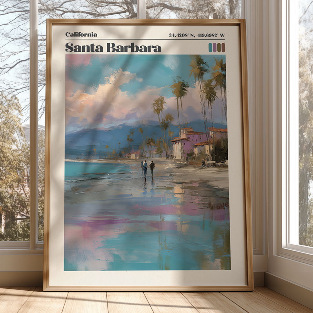 Framed artwork of Santa Barbara with a beach scene, palm trees, and mountains.