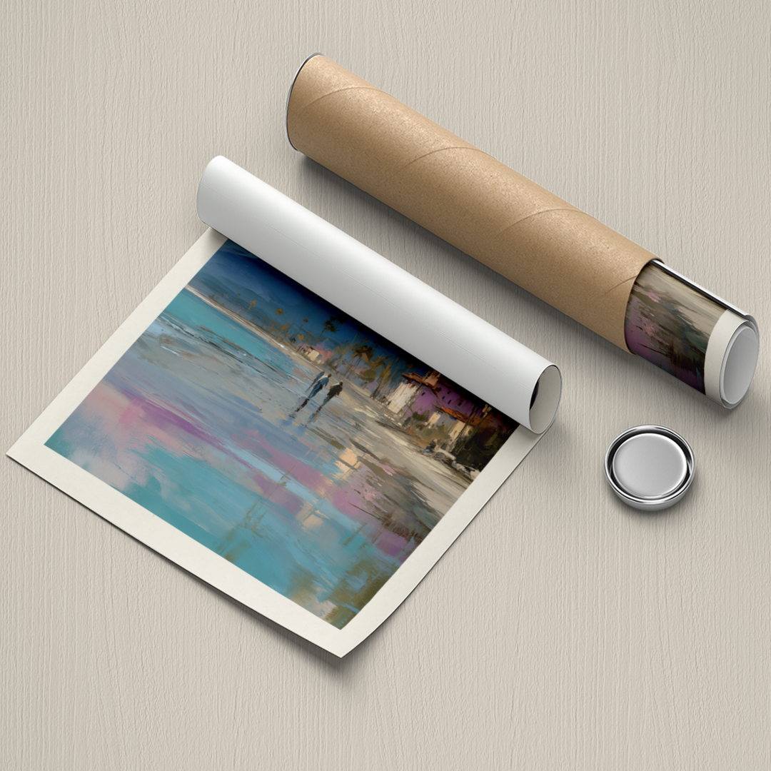 Art print of a beach scene with a roll of paper and a button on a textured surface