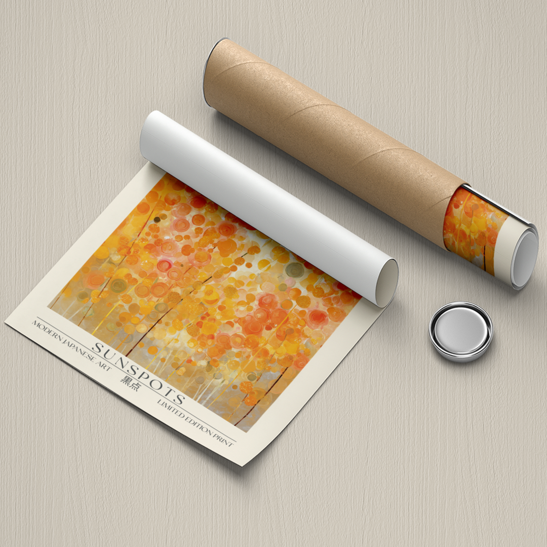 Art print titled 'Sunspots' by M. Watanabe with a roll of paper and a button on a textured surface.