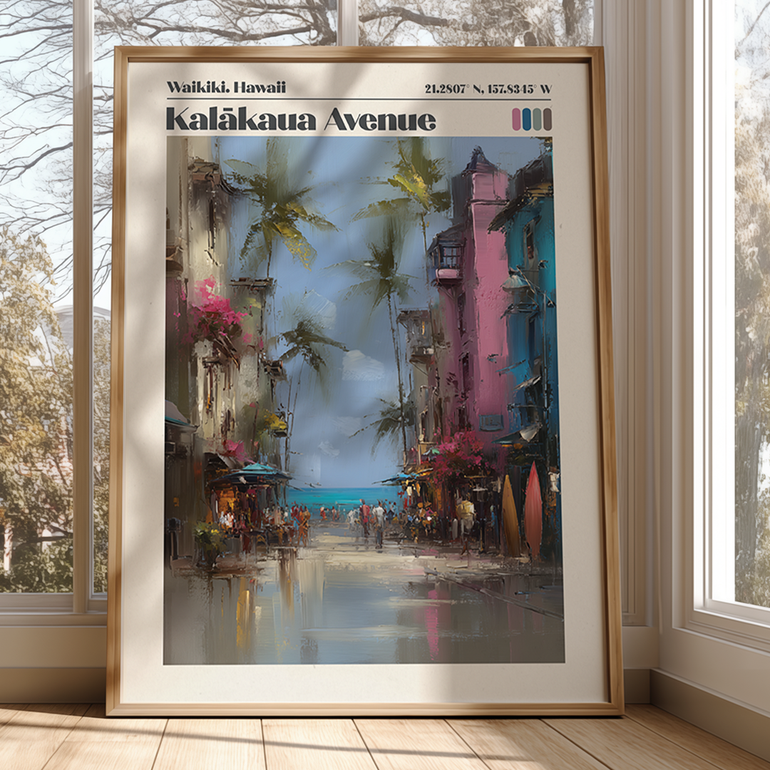 Pastel Waikiki travel poster of Kalākaua Avenue with palms and ocean tones. Premium archival wall art for coastal interiors.
