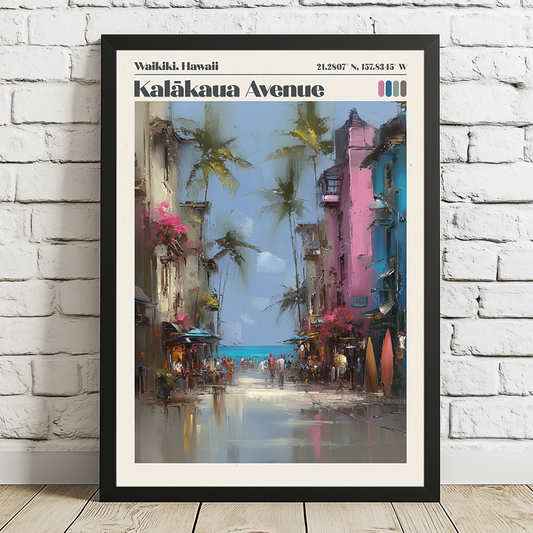 Pastel Waikiki travel poster of Kalākaua Avenue with palms and ocean tones. Premium archival wall art for coastal interiors.