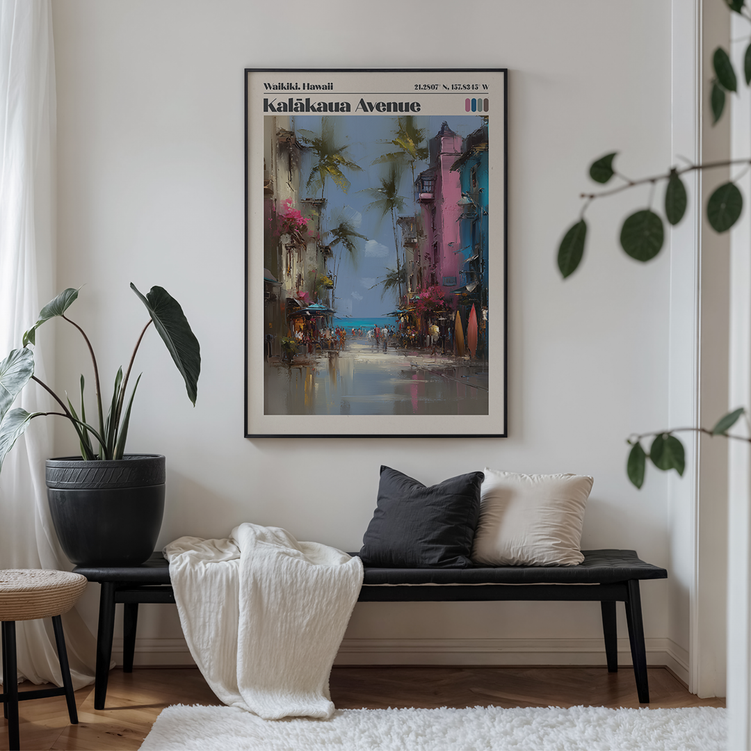 Pastel Waikiki travel poster of Kalākaua Avenue with palms and ocean tones. Premium archival wall art for coastal interiors.