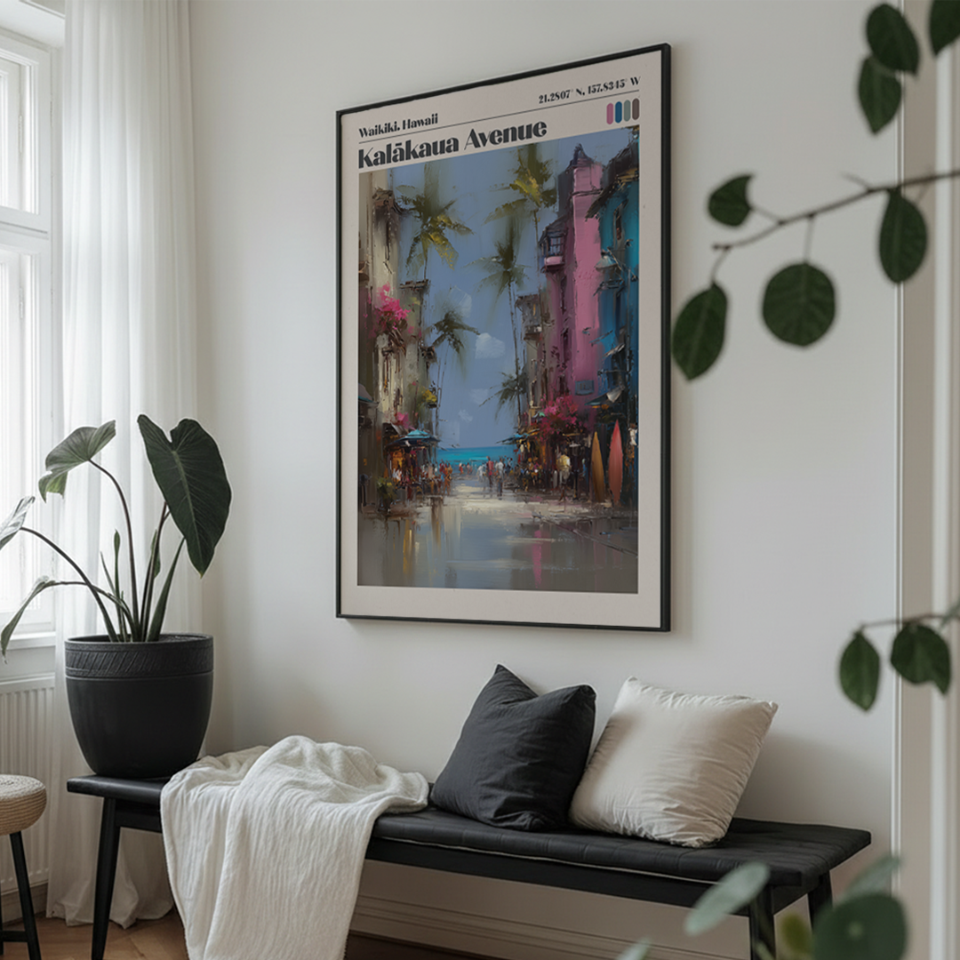 Pastel Waikiki travel poster of Kalākaua Avenue with palms and ocean tones. Premium archival wall art for coastal interiors.