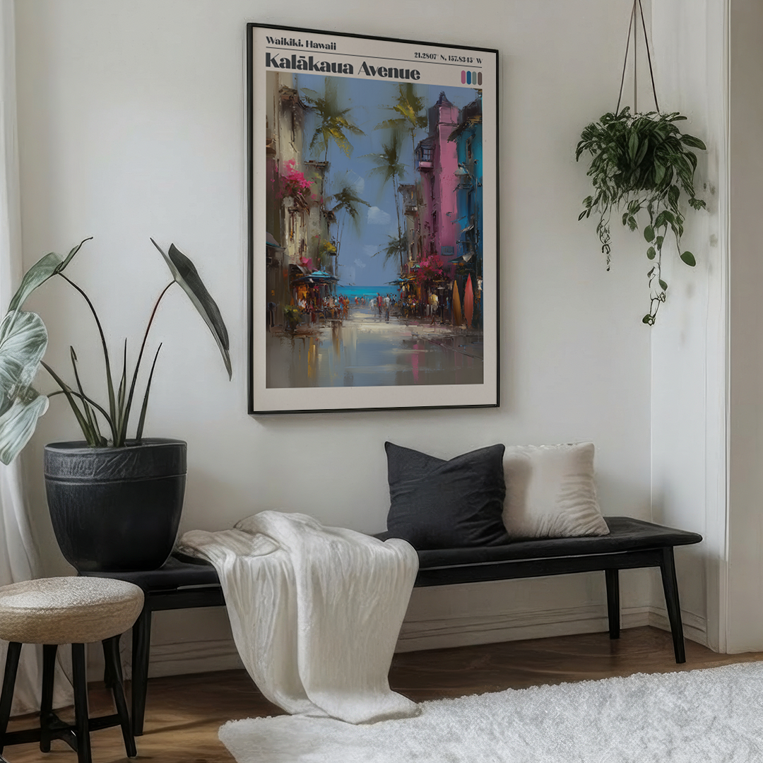 Pastel Waikiki travel poster of Kalākaua Avenue with palms and ocean tones. Premium archival wall art for coastal interiors.
