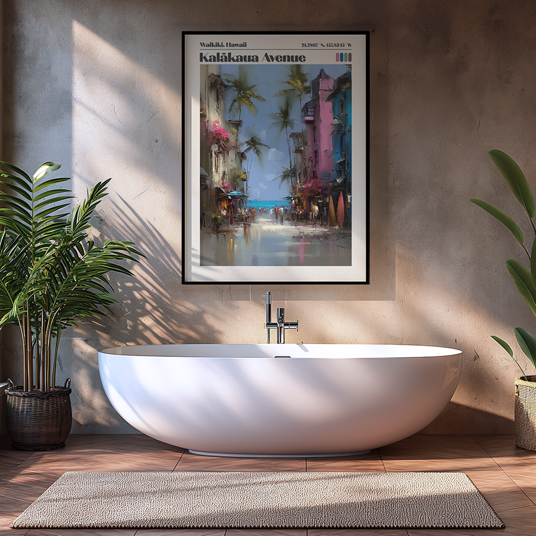 Pastel Waikiki travel poster of Kalākaua Avenue with palms and ocean tones. Premium archival wall art for coastal interiors.